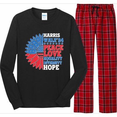 Patriotic Harris Walz Peace Love Equality Diversity Hope 2024 Usa Sunflower Long Sleeve Pajama Set