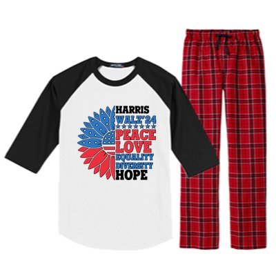 Patriotic Harris Walz Peace Love Equality Diversity Hope 2024 Usa Sunflower Raglan Sleeve Pajama Set