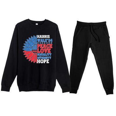 Patriotic Harris Walz Peace Love Equality Diversity Hope 2024 Usa Sunflower Premium Crewneck Sweatsuit Set