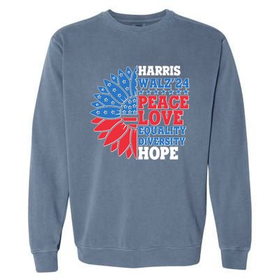 Patriotic Harris Walz Peace Love Equality Diversity Hope 2024 Usa Sunflower Garment-Dyed Sweatshirt