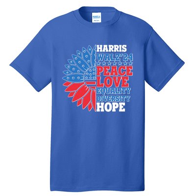 Patriotic Harris Walz Peace Love Equality Diversity Hope 2024 Usa Sunflower Tall T-Shirt