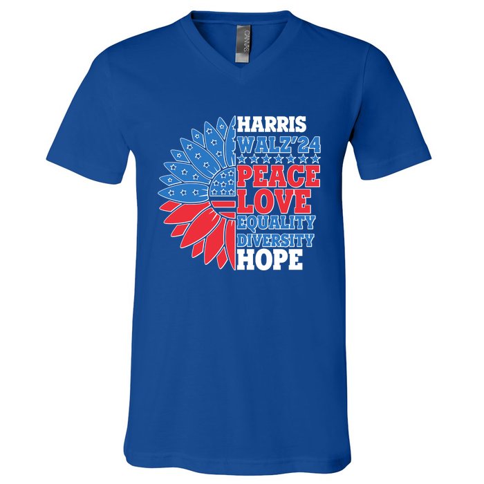 Patriotic Harris Walz Peace Love Equality Diversity Hope 2024 Usa Sunflower V-Neck T-Shirt