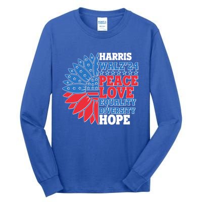 Patriotic Harris Walz Peace Love Equality Diversity Hope 2024 Usa Sunflower Tall Long Sleeve T-Shirt