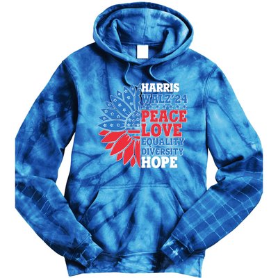 Patriotic Harris Walz Peace Love Equality Diversity Hope 2024 Usa Sunflower Tie Dye Hoodie