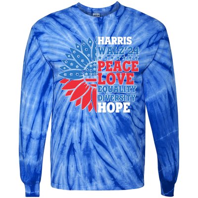 Patriotic Harris Walz Peace Love Equality Diversity Hope 2024 Usa Sunflower Tie-Dye Long Sleeve Shirt