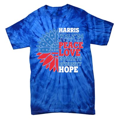 Patriotic Harris Walz Peace Love Equality Diversity Hope 2024 Usa Sunflower Tie-Dye T-Shirt