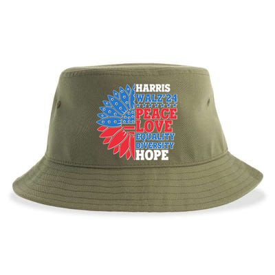 Patriotic Harris Walz Peace Love Equality Diversity Hope 2024 Usa Sunflower Sustainable Bucket Hat