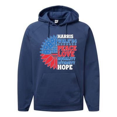 Patriotic Harris Walz Peace Love Equality Diversity Hope 2024 Usa Sunflower Performance Fleece Hoodie