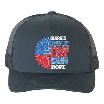 Patriotic Harris Walz Peace Love Equality Diversity Hope 2024 Usa Sunflower Yupoong Adult 5-Panel Trucker Hat