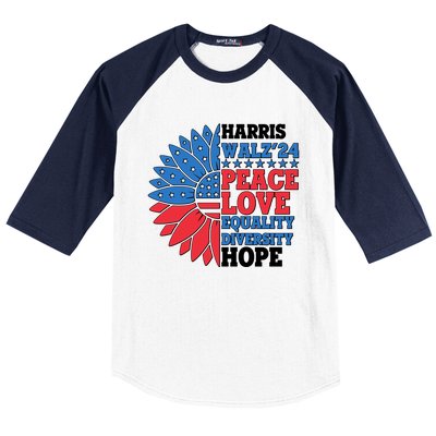 Patriotic Harris Walz Peace Love Equality Diversity Hope 2024 Usa Sunflower Baseball Sleeve Shirt