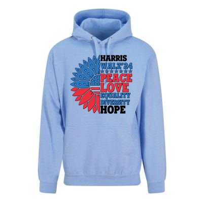 Patriotic Harris Walz Peace Love Equality Diversity Hope 2024 Usa Sunflower Unisex Surf Hoodie