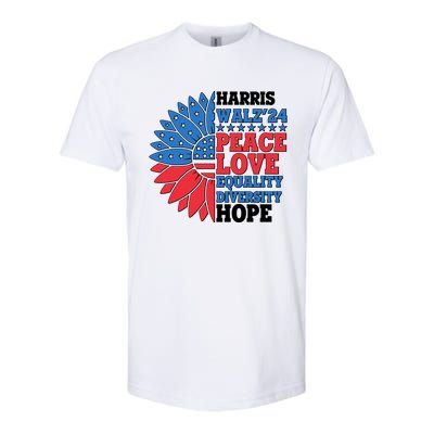 Patriotic Harris Walz Peace Love Equality Diversity Hope 2024 Usa Sunflower Softstyle CVC T-Shirt