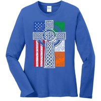 Patriotic Irish American Flag Funny Gift St Patrick's Day Cute Gift Ladies Long Sleeve Shirt