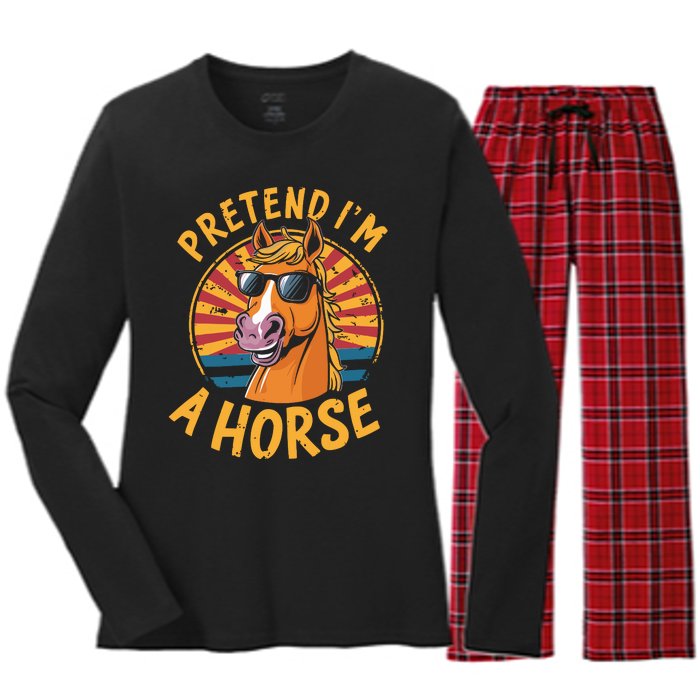 Pretend IM A Horse Funny Lazy Halloween Matching Costume Women's Long Sleeve Flannel Pajama Set 