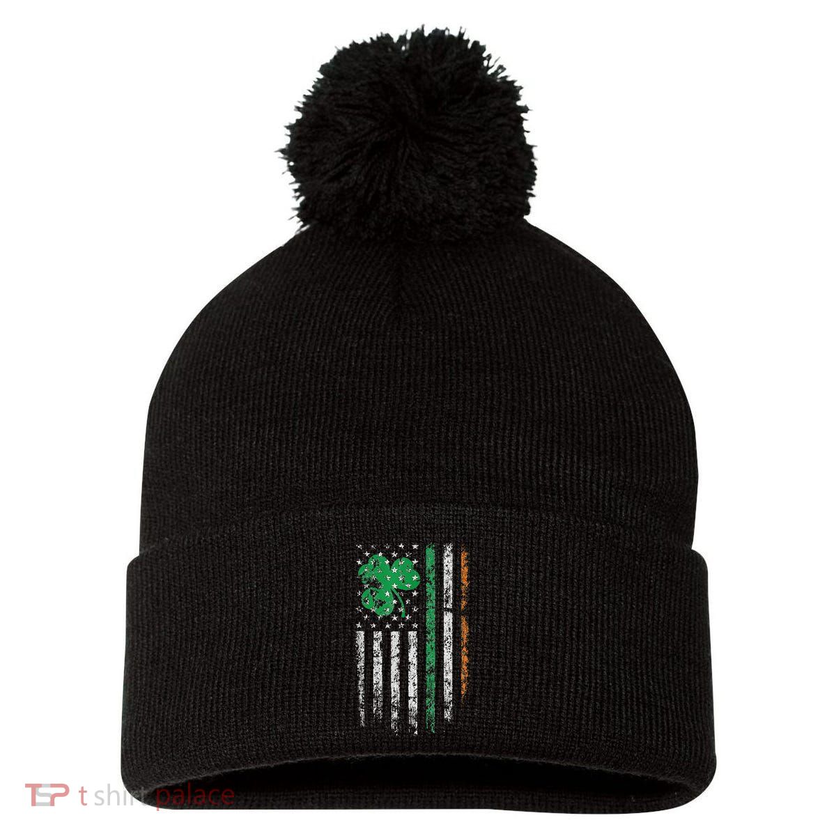 Patriotic Irish American Flag Ireland St. Patrick's Day Pom Pom 12in Knit Beanie