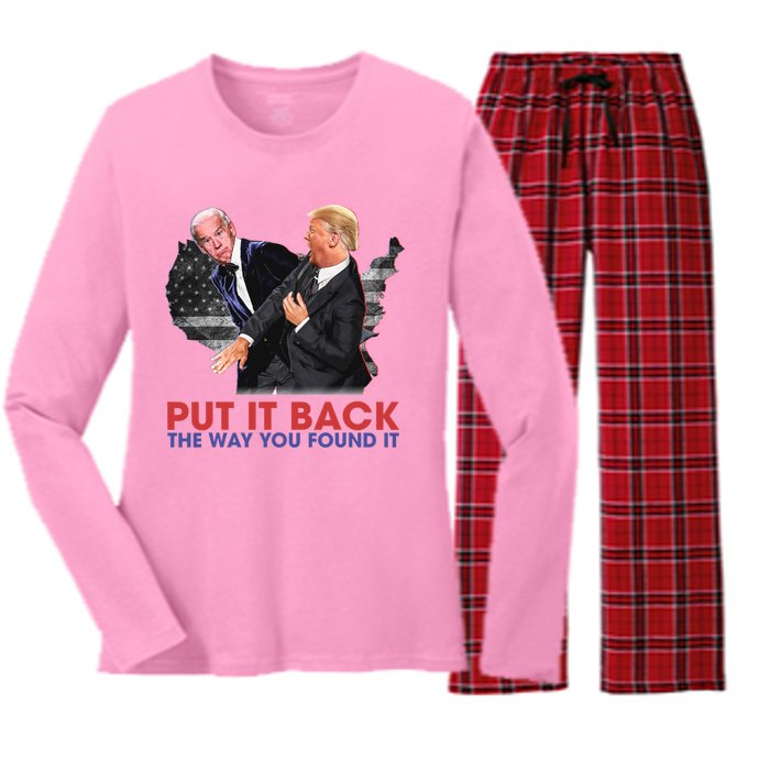 Put It Back The Way You Found It Funny Trump Slap Anti Biden Women's Long Sleeve Flannel Pajama Set 