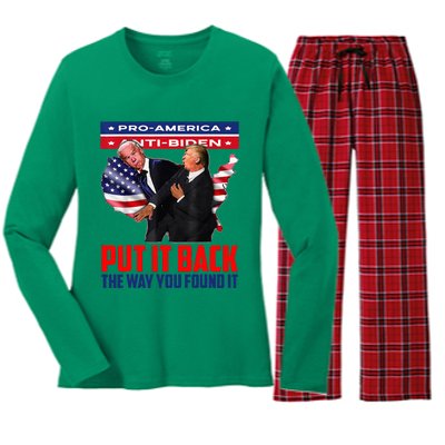 Put It Back The Way You Found It Funny Trump Slap Anti Biden Women's Long Sleeve Flannel Pajama Set 