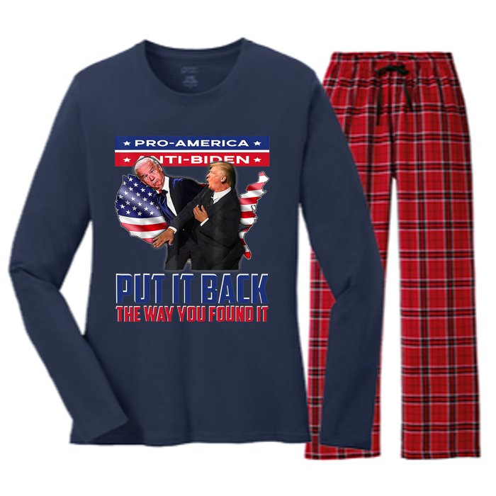 Put It Back The Way You Found It Funny Trump Slap Anti Biden Women's Long Sleeve Flannel Pajama Set 