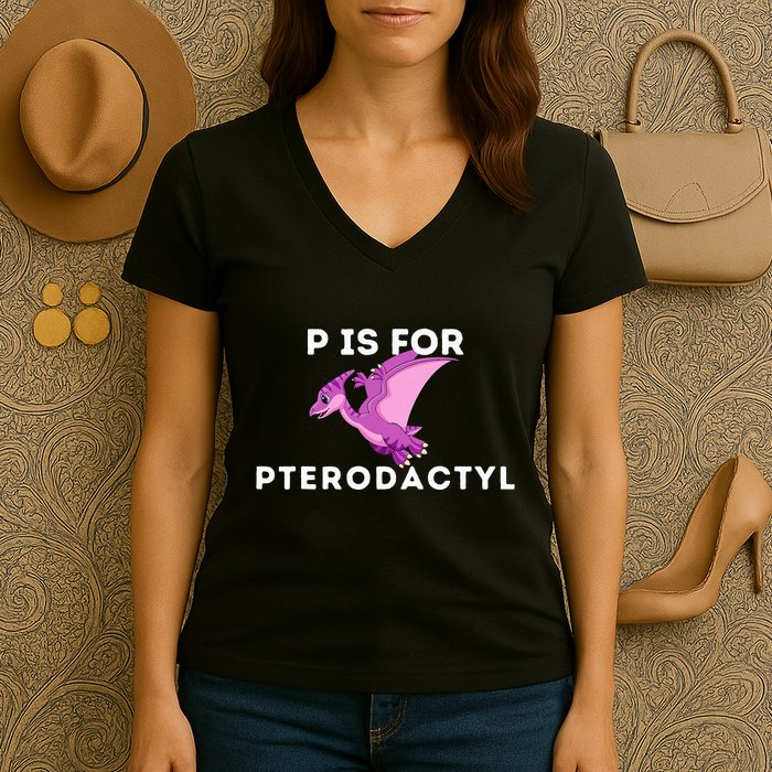 P Is For Pterodactyl Dinosaur Word Play Women's V-Neck T-Shirt