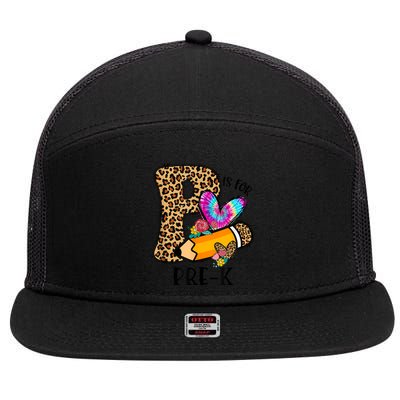 P Is For Pre K Teacher Leopard First Day Of School 7 Panel Mesh Trucker Snapback Hat