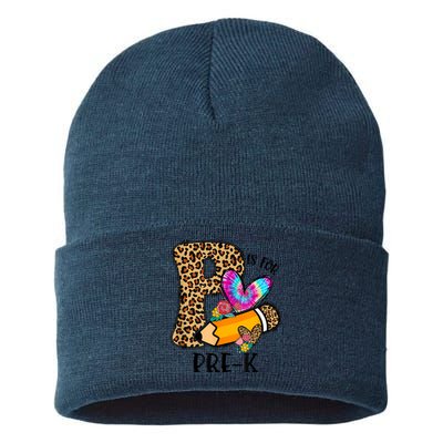 P Is For Pre K Teacher Leopard First Day Of School Sustainable Knit Beanie