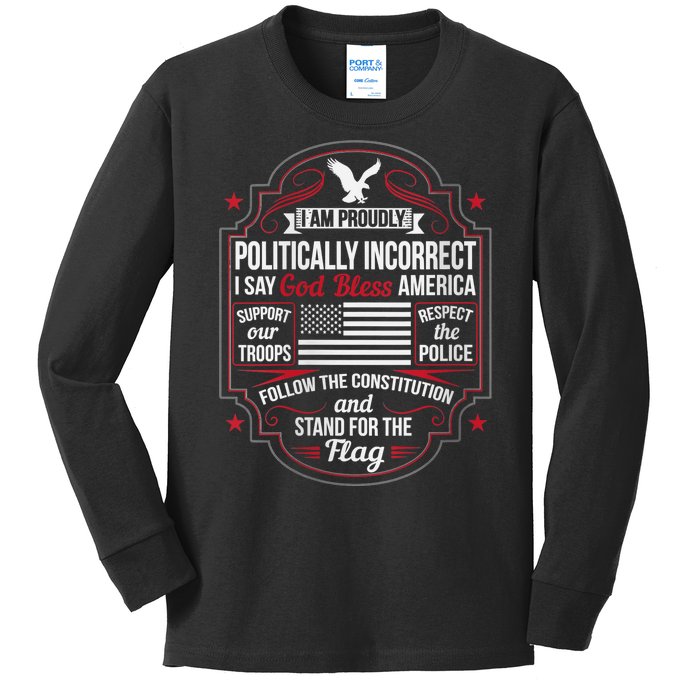 Politically Incorrect God Bless America Conservative Kids Long Sleeve Shirt