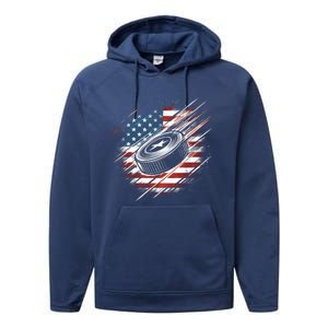 Patriotic Ice Hockey 4th Of July Usa American Flag Cool Gift Performance Fleece Hoodie