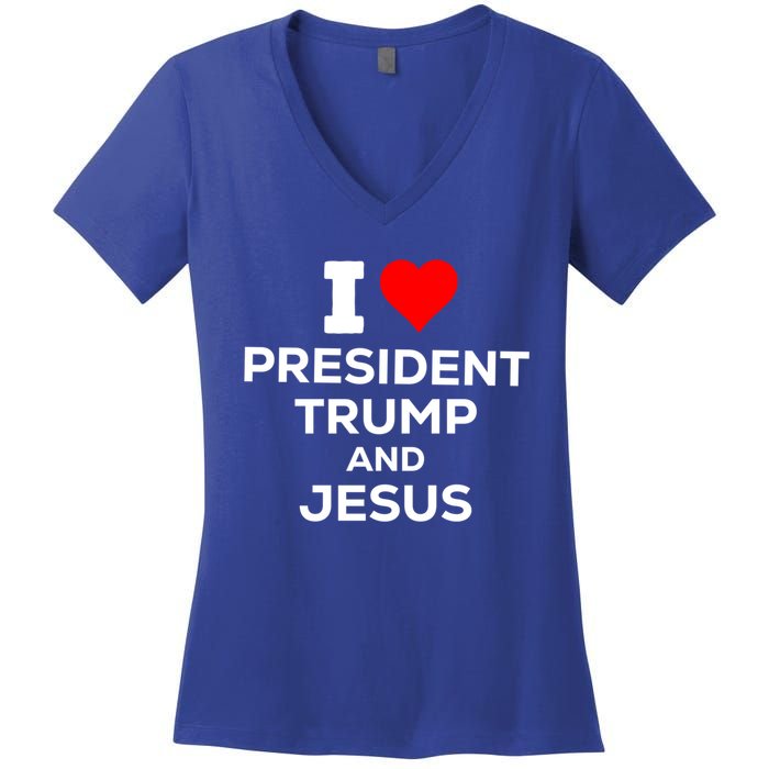 Patriotic I Heart Love President Trump And Jesus Usa Maga Gift Women's V-Neck T-Shirt