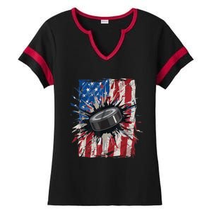 Patriotic Ice Hockey 4th Of July Men USA American Flag Boy Ladies Halftime Notch Neck Tee