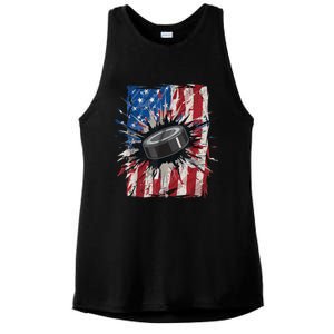 Patriotic Ice Hockey 4th Of July Men USA American Flag Boy Ladies PosiCharge Tri-Blend Wicking Tank