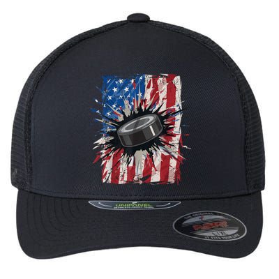 Patriotic Ice Hockey 4th Of July Men USA American Flag Boy Flexfit Unipanel Trucker Cap