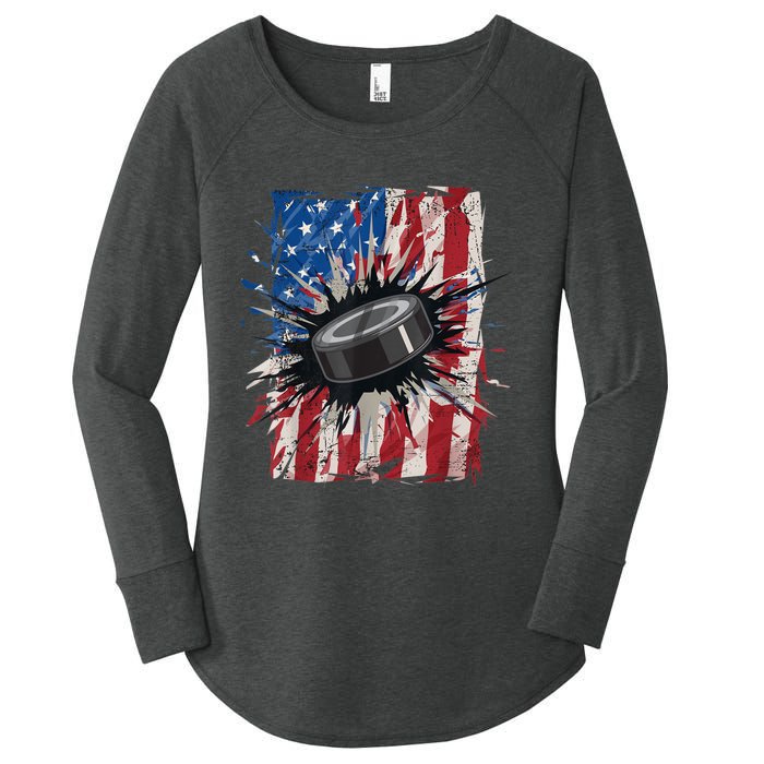 Patriotic Ice Hockey 4th Of July Men USA American Flag Boy Women's Perfect Tri Tunic Long Sleeve Shirt