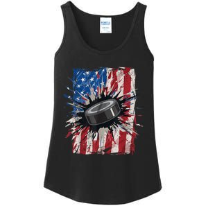 Patriotic Ice Hockey 4th Of July Men USA American Flag Boy Ladies Essential Tank