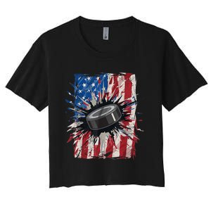 Patriotic Ice Hockey 4th Of July Men USA American Flag Boy Women's Crop Top Tee