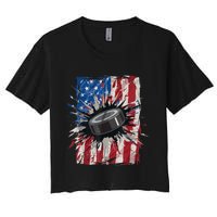 Patriotic Ice Hockey 4th Of July Men USA American Flag Boy Women's Crop Top Tee