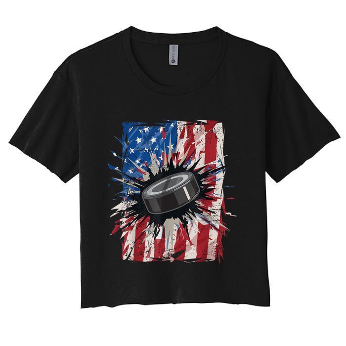 Patriotic Ice Hockey 4th Of July Men USA American Flag Boy Women's Crop Top Tee