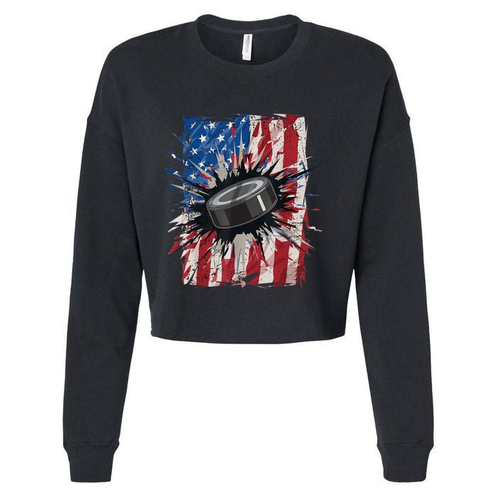 Patriotic Ice Hockey 4th Of July Men USA American Flag Boy Cropped Pullover Crew