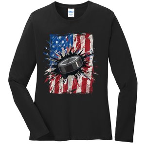 Patriotic Ice Hockey 4th Of July Men USA American Flag Boy Ladies Long Sleeve Shirt