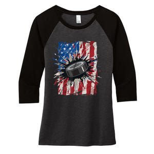 Patriotic Ice Hockey 4th Of July Men USA American Flag Boy Women's Tri-Blend 3/4-Sleeve Raglan Shirt