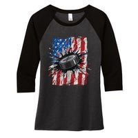 Patriotic Ice Hockey 4th Of July Men USA American Flag Boy Women's Tri-Blend 3/4-Sleeve Raglan Shirt