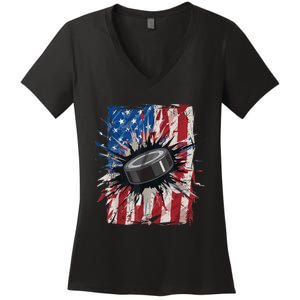 Patriotic Ice Hockey 4th Of July Men USA American Flag Boy Women's V-Neck T-Shirt