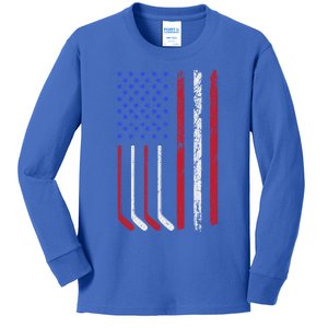 Patriotic Ice Hockey Player With American Flag Gift Kids Long Sleeve Shirt