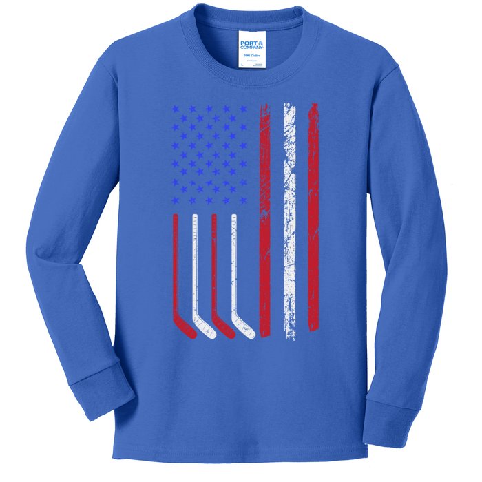 Patriotic Ice Hockey Player With American Flag Gift Kids Long Sleeve Shirt