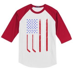 Patriotic Ice Hockey Player With American Flag Gift Kids Colorblock Raglan Jersey