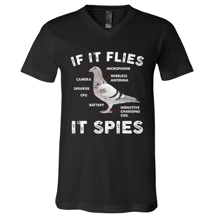 Pigeon If It Flies Spies Pigeon Anatomy Theory Bird Lover V-Neck T-Shirt