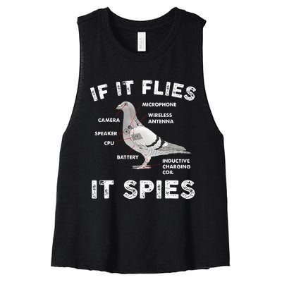 Pigeon If It Flies Spies Pigeon Anatomy Theory Bird Lover Women's Racerback Cropped Tank