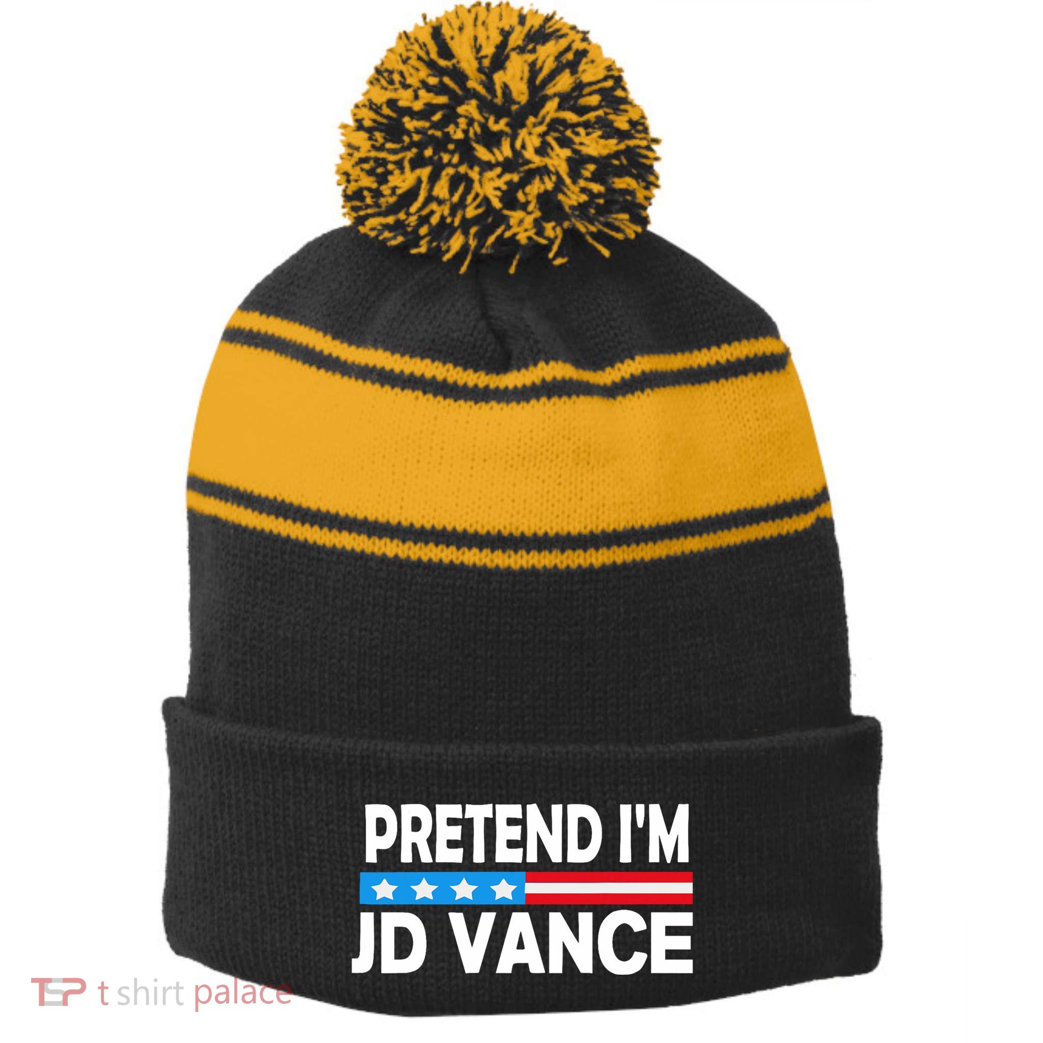 Pretend IM Jd Vance Funny Lazy Halloween Costume Stripe Pom Pom Beanie