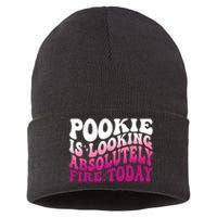 Pookie Is Looking Absolutely Fire Today Funny Groovy Pink Sustainable Knit Beanie