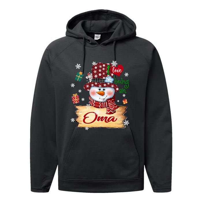 Personalized I Love Being Oma Snowman Grandma Xmas Long Sleeve Performance Fleece Hoodie