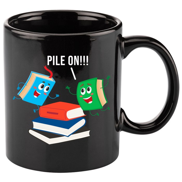 Pile On Books 11oz C Handle Ceramic Mug